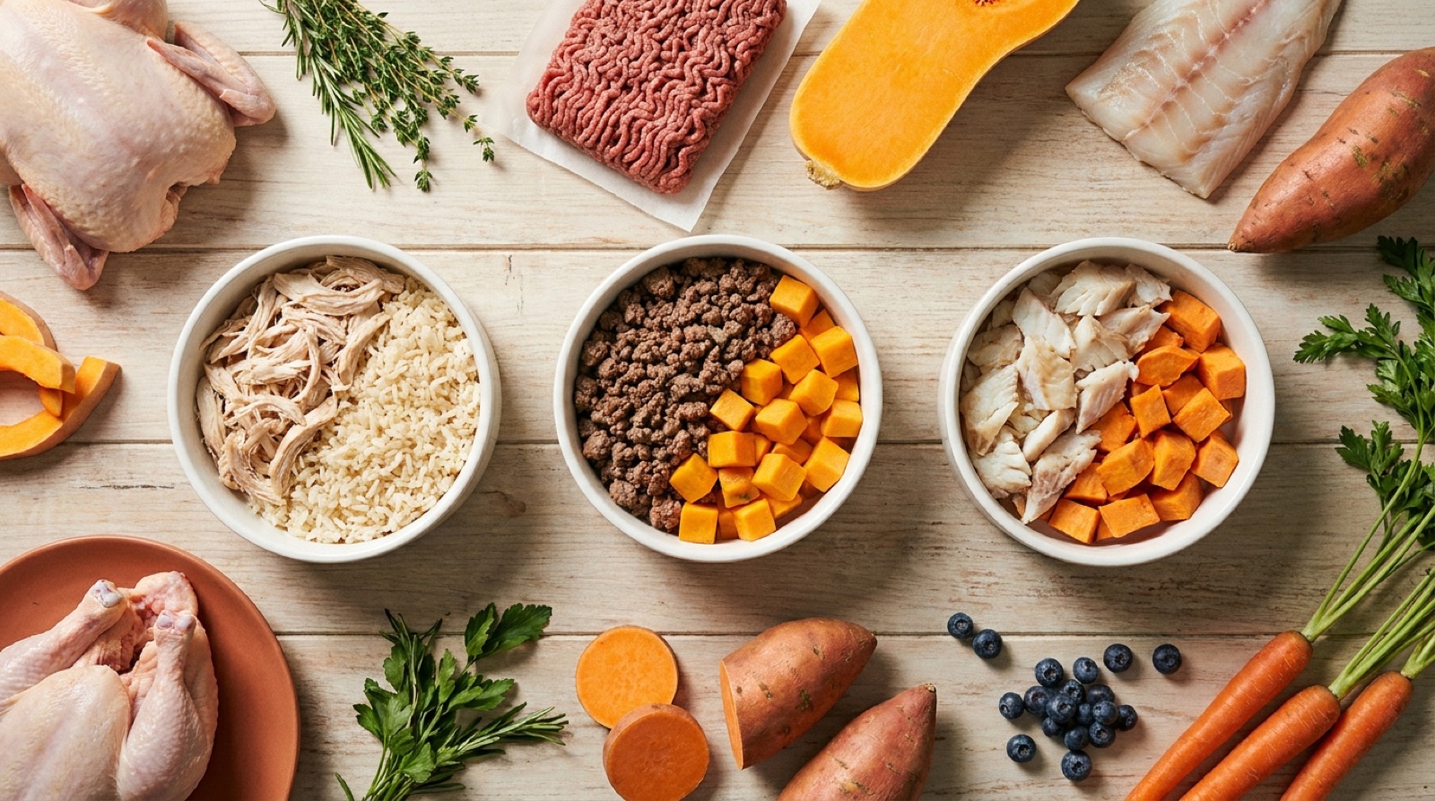 Tres comidas caseras para perro servidas en tazones