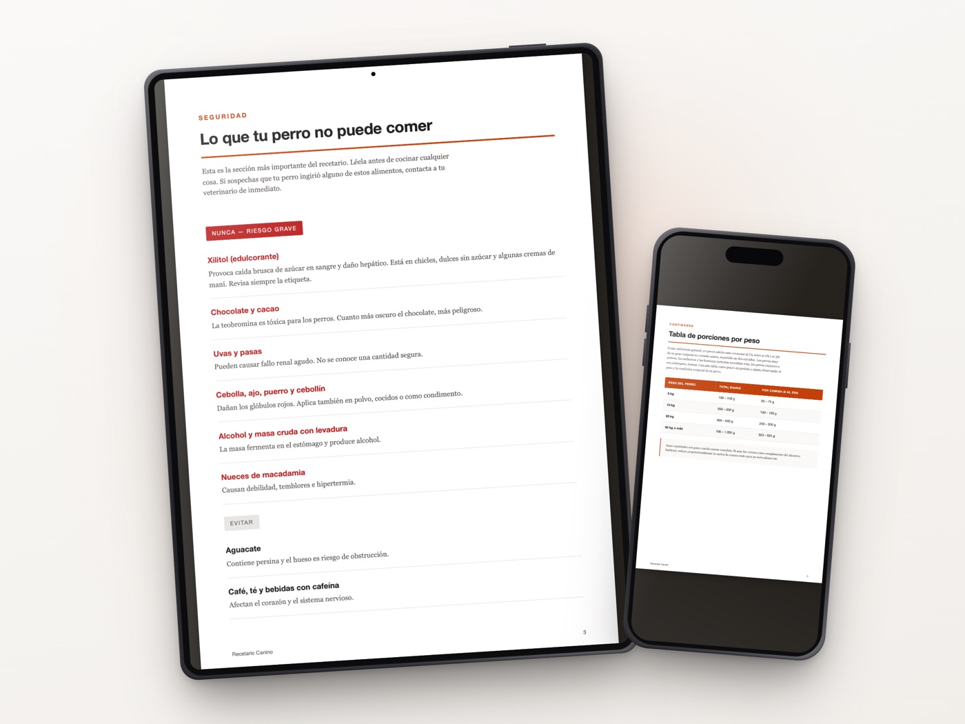 El recetario abierto en tablet y en móvil