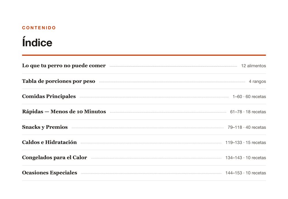 Índice del recetario con las secciones y el número de recetas de cada una